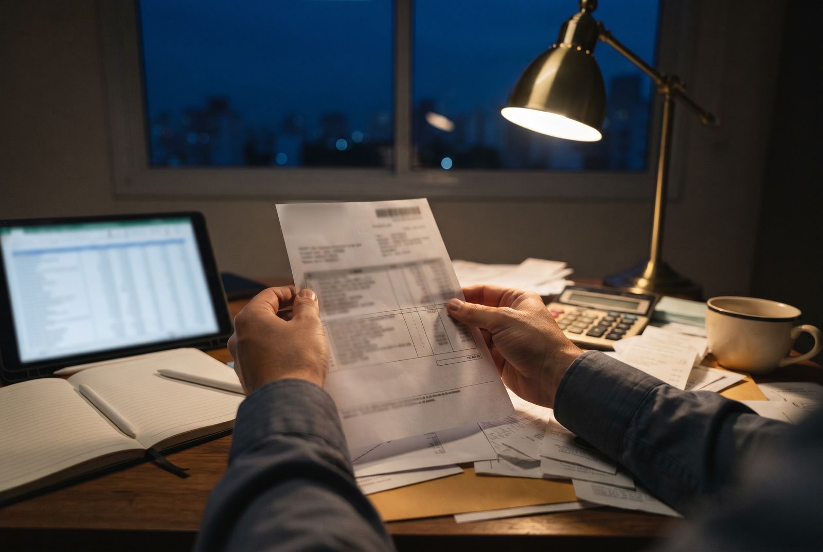 Empresário analisando contas à noite, sob a luz de uma luminária